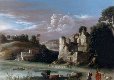 Paisaje con ruinas y pastores de Cornelis van Poelenburgh or Poelenburch